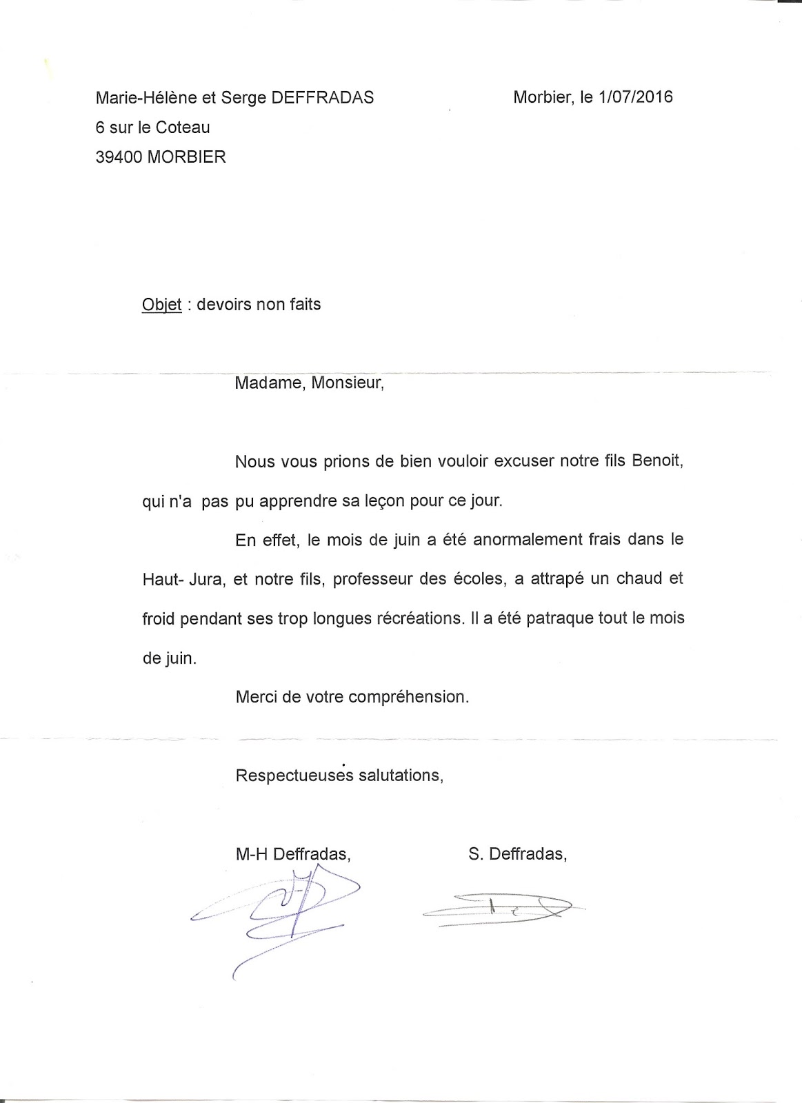 Lettre excuse absence mariage