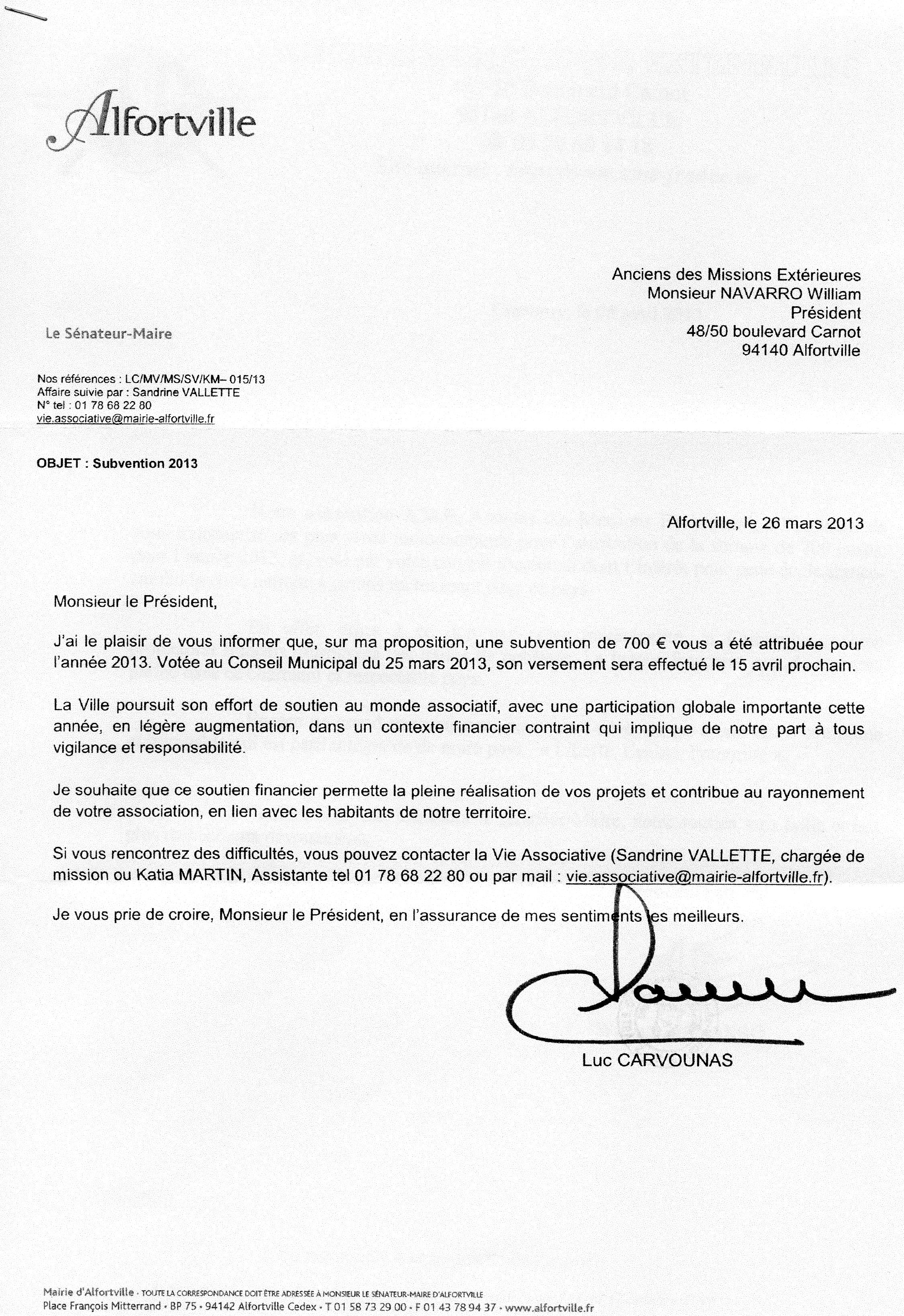 Modèle lettre remerciement subvention