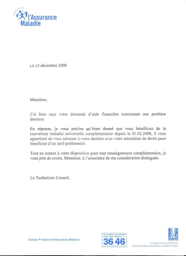 Lettre mutuelle devis dentaire