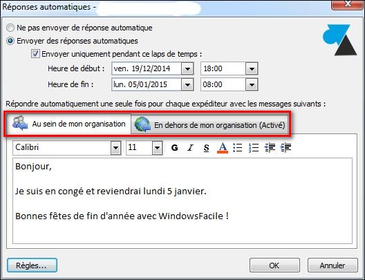 Message d'absence outlook anglais