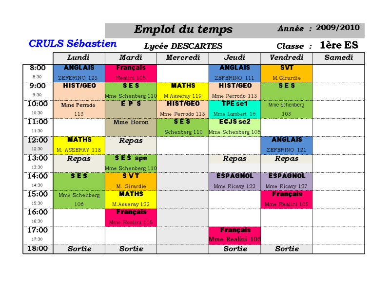 Modèle emploi du temps vierge excel