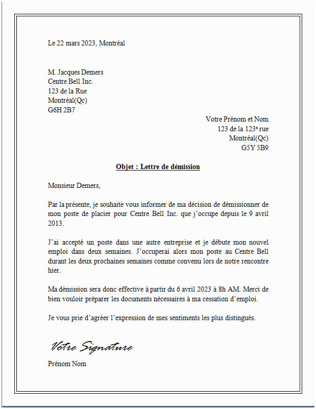 Lettre de demission lycée