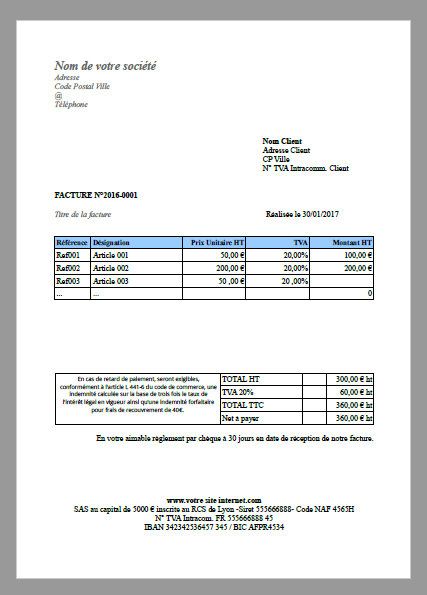 Facture repas vierge