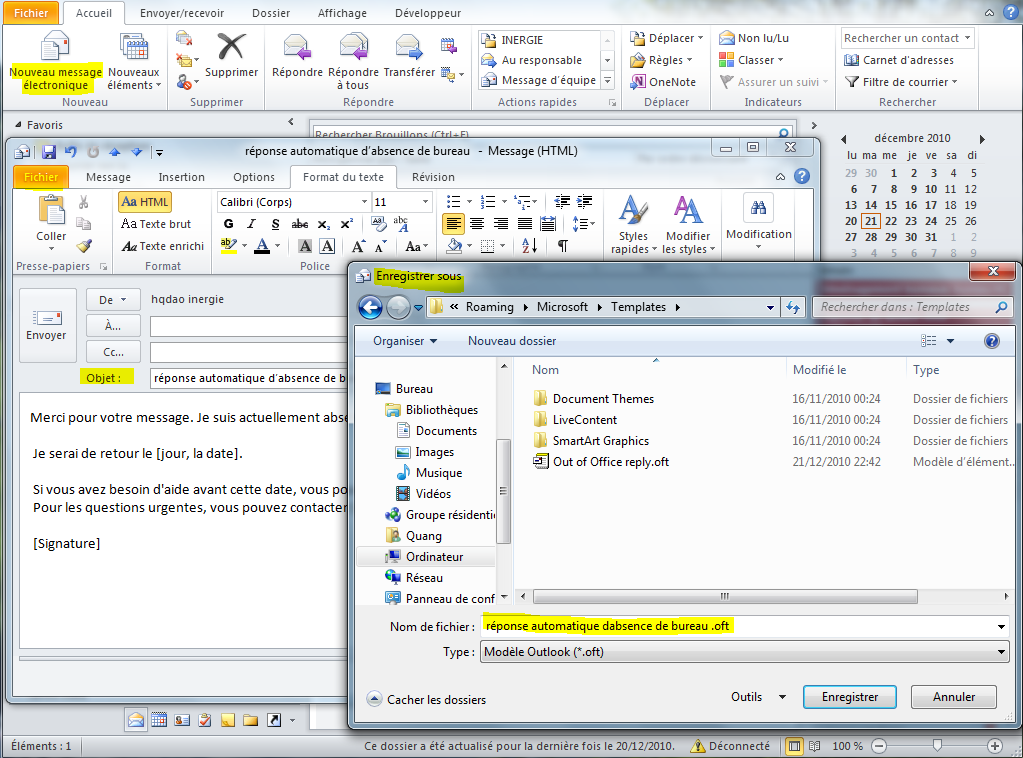 Absence du bureau outlook 2010