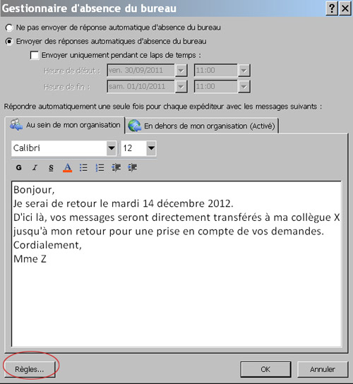Absence de bureau outlook 2010