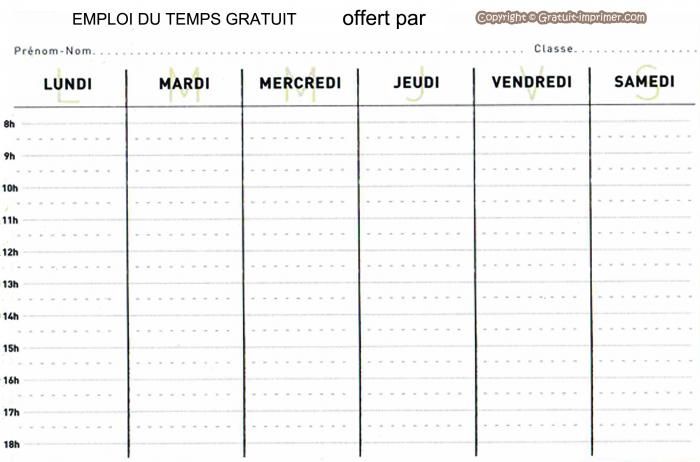 Emploi du temps hebdomadaire à imprimer