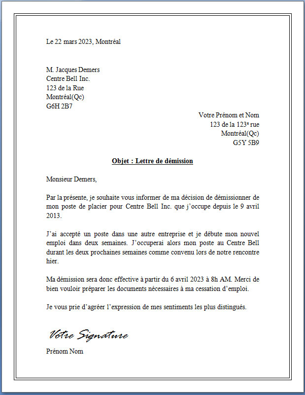 Lettre de démission bts