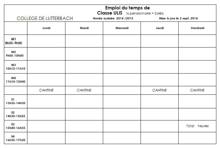 Emploi du temps vierge college a imprimer