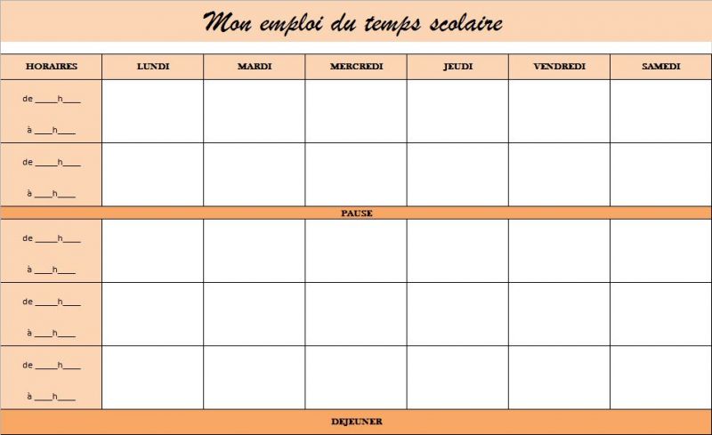 Modèle emploi du temps vierge gratuit