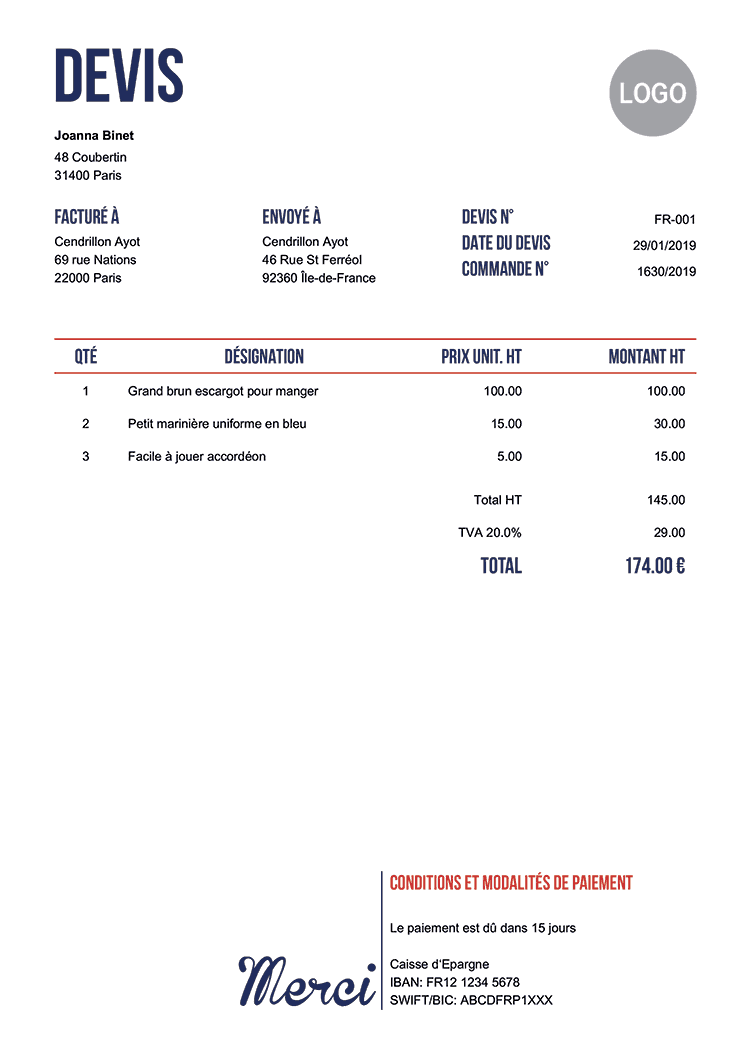 établir un devis en anglais