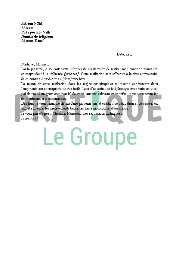 Modele lettre augmentation prix