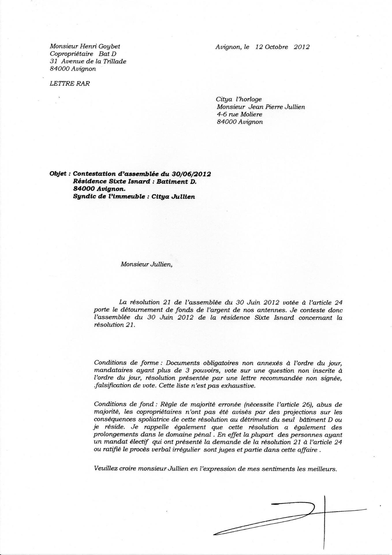 Lettre au syndic pour infiltration