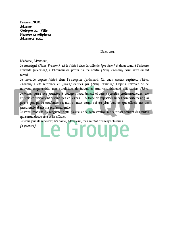 Modele de lettre pour agression verbale au travail