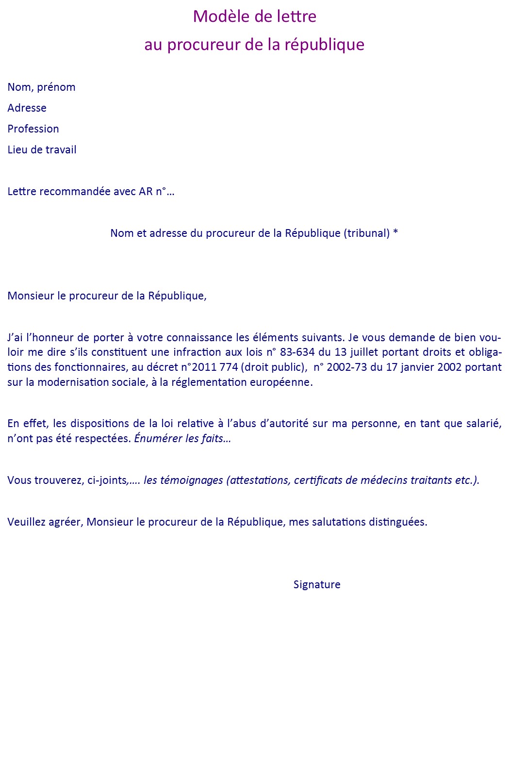 Modele de lettre de plainte contre un collègue