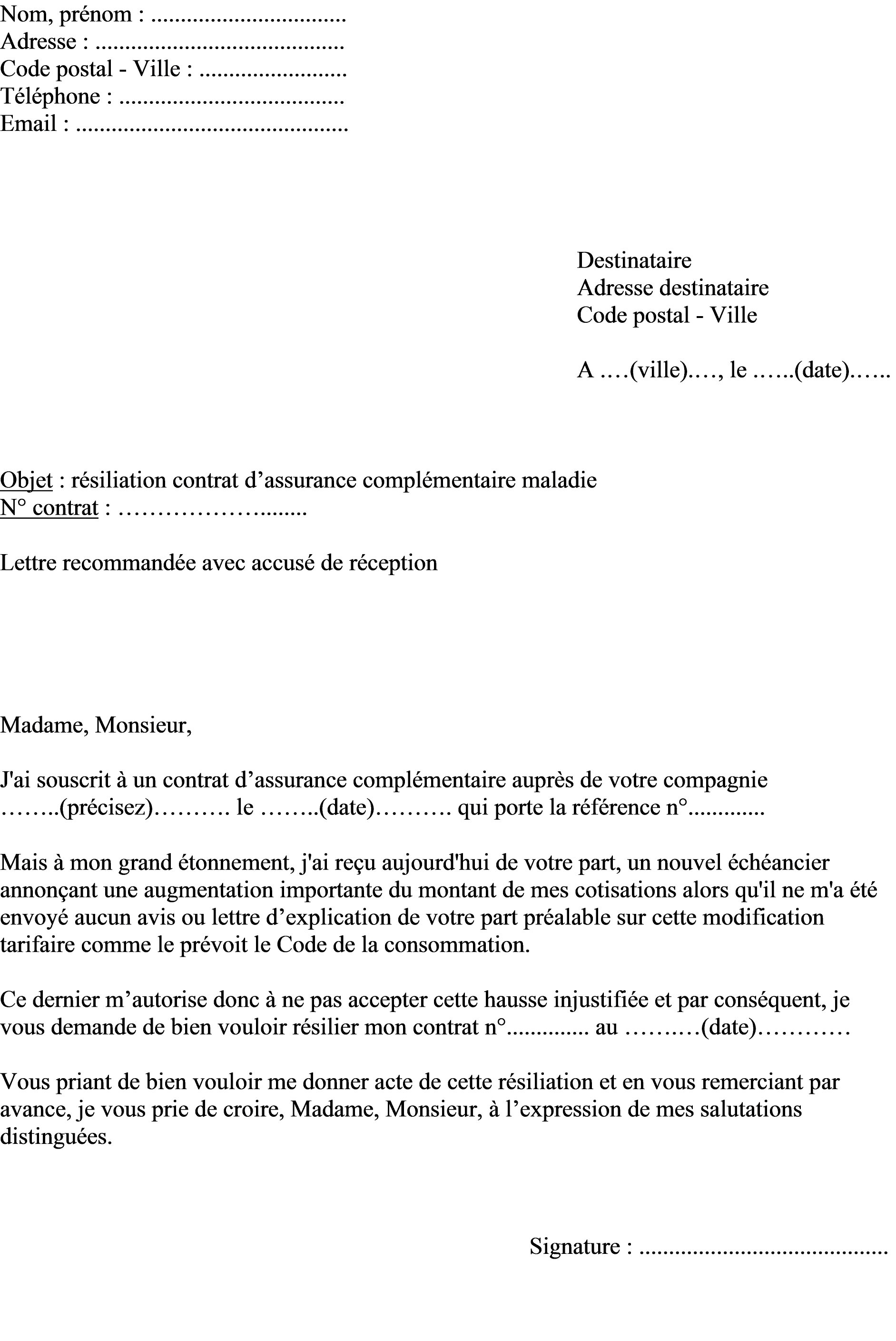 Lettre augmentation tarif client