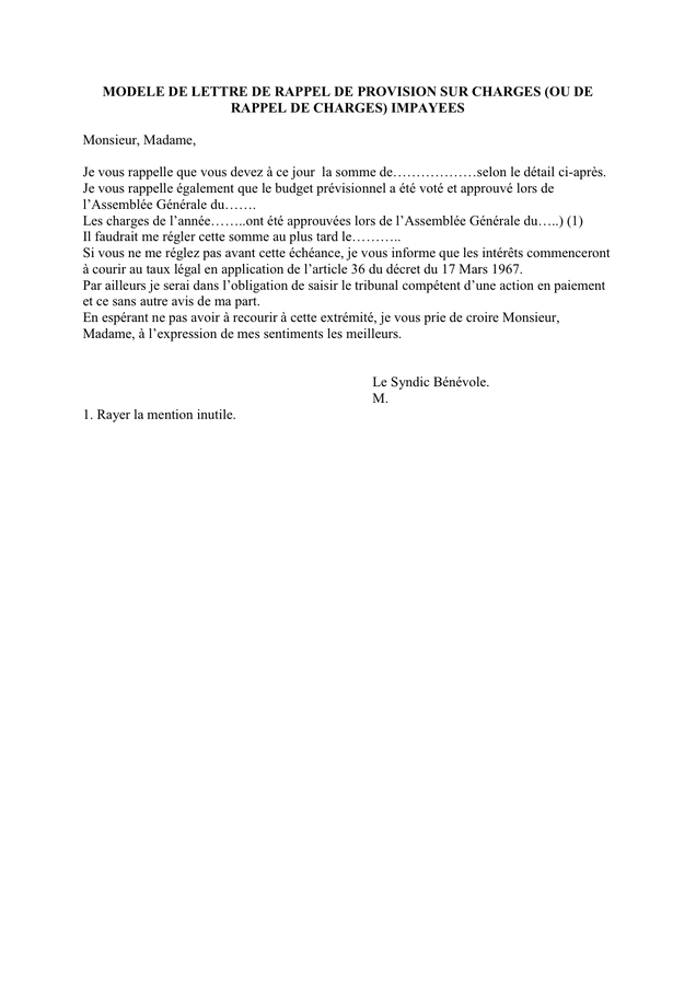 Lettre de demission syndic benevole