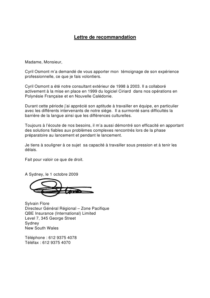 Lettre de temoignage travail