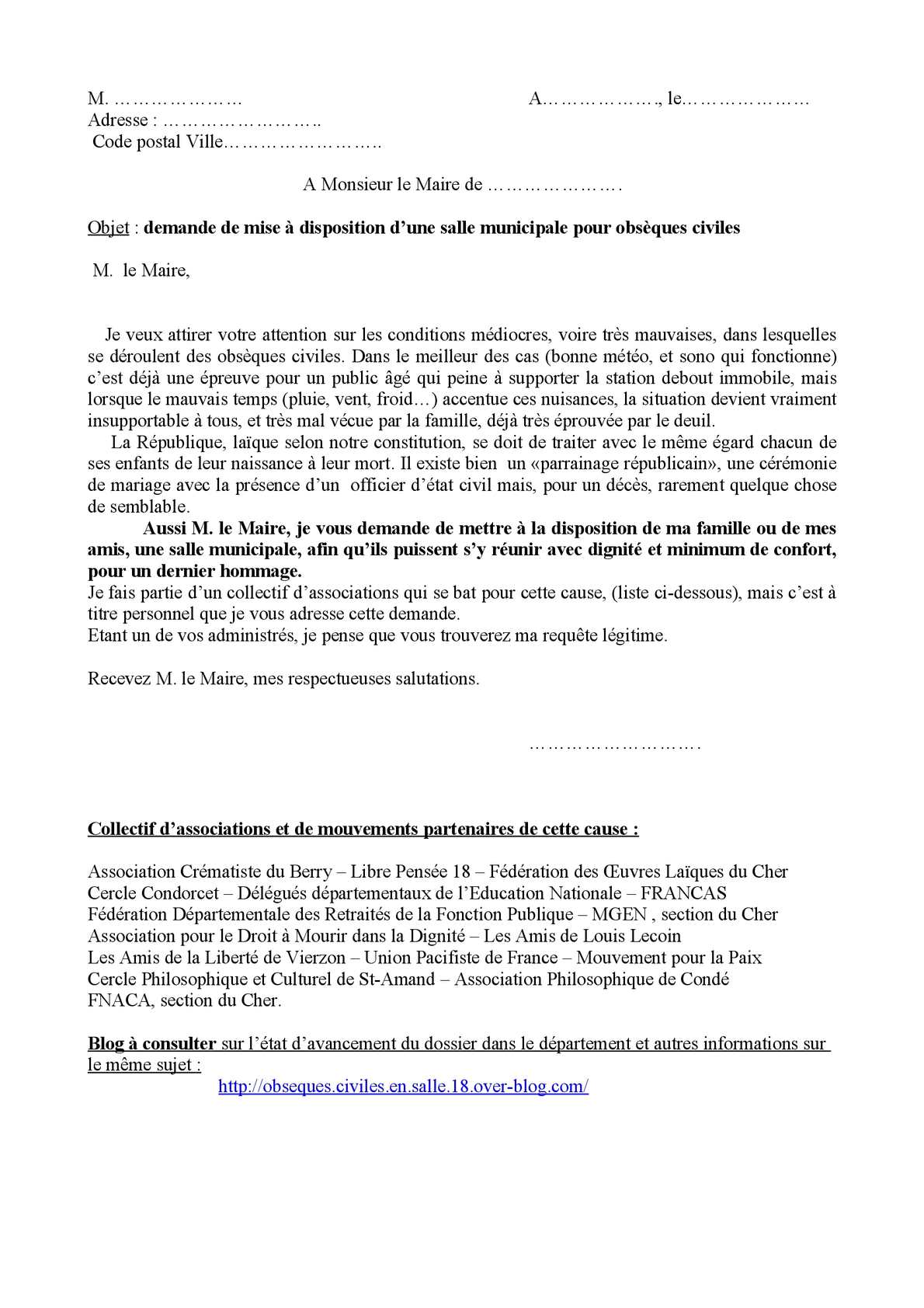 Lettre de demande de salle a la mairie