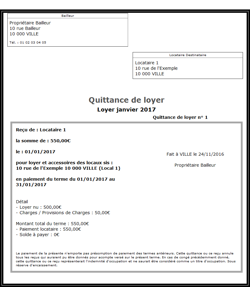 Exemple de quittance de loyer word